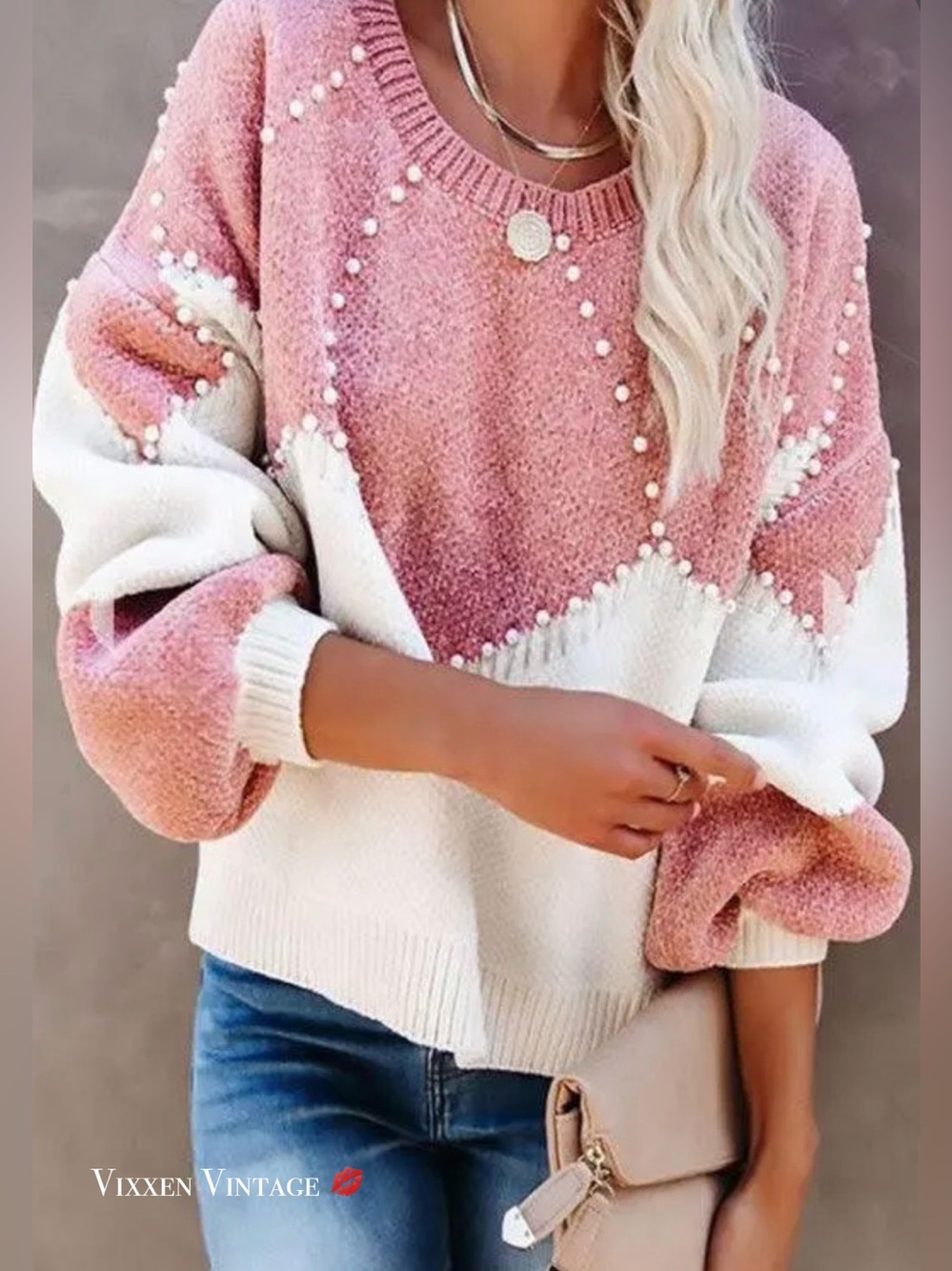 VICI 'PEARL EMBELLISHED COLORBLOCK KNIT SWEATER' IN PINK & WHITE
